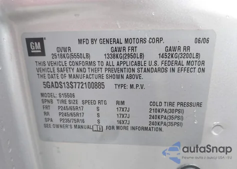 2007 Buick Rainier Cxl from USA, damaged, VIN 5GADS13S772100885